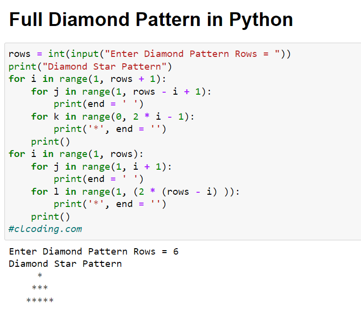 Day 34 : Full Diamond Pattern in Python ~ Computer Languages (clcoding)