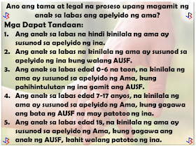 In September of 1990, the United Nations General Assembly approved and adopted the Declaration of the Rights of the Child. Among the rights of a child acknowledged is the right of the child to preserve his or her identity, including nationality, name and family relations as recognized by law without unlawful interference.  The Philippines, as signatory to this declaration, has done its share to promote this right, especially in cases where the child is considered illegitimate by law. Who are considered illegitimate children in the Philippines? Children born to couples who are not legally married or of common-law marriages; Children born of incestuous, bigamous, or adulterous relations; Children born of void marriages; Children born of couples below 18, even if they are married (which is actually void).  So in a case where a child is born out of wedlock, which surname should be given to him/her?  Over the years, the law on illegitimate children's surname has shifted several times - pre-EDSA Revolution, in 1988, and lastly in 2004. Here are the following basic principles.   Born before August 3, 1988: Prior to the Family Code (1988), an illegitimate child has the right to bear the surname of the parent recognizing him. Recognition shall be made in the record of birth, a will, statement before a record, or in any authentic writing. If recognition is made by only one of the parents, he or she shall not reveal the name of the person with whom he or she had the child.  An illegitimate child who is not recognized or acknowledged by both parents in accordance with law shall be registered under the surname of the mother.   Born on or after August 3, 1988 up to March 18, 2004: By law, an illegitimate child shall use the surname of the mother. The father of an illegitimate child who wishes to have his name indicated in the Certificate of Live Birth shall execute an affidavit of Admission of Paternity in lieu of the affidavit of acknowledgement. The purpose of affidavit of admission of paternity is for the support and succession only, and it does not automatically entitle the illegitimate child to use the surname of his father.   Born from March 19, 2004 up to present: According to Republic Act No. 9255, illegitimate children shall shall be under the parental authority of their mother, and shall be entitled to child support from the father.  Illegitimate children may use the surname of their father if the paternity is established by any of the following: filiation has been expressly recognized by the father through the record of birth appearing in the civil register - Certificate of Live Birth or Municipal Form No. 102; when an admission in a public document or private handwritten instrument is made and duly signed by the father; any other means of establishing paternity as allowed by the Rules of Court and special laws. For those born from August 3, 1988 to March 18, 2004, the rules of RA 9255 stated above cannot be used by the child until after a court decision.  So what is the right and legal process for an illegitimate child to use his or her father's surname?  Terms to Remember:  Certificate of Live Birth (COLB) - for children born in the Philippines Report of Birth (ROB) - for children born outside the Philippines Affidavit to Use the Surname of the Father (AUSF) Private Handwritten Instrument (PHI) Local Civil Registry Office (LCRO) Philippine Foreign Service Post (PFSP) - Philippine embassies , missions , consulates general.   What to File? The following documents shall be filed at the LCRO or PFSP for registration:  Certificate of Live Birth (COLB)/Report of Birth (ROB) if available Affidavit of Admission of Paternity Private Handwritten Instrument (PHI) Affidavit to Use the Surname of the Father (AUSF)   Who may file? The following persons are authorized to file at the LCRO or PFSP:  The father, mother, the person himself , if of age, or the guardian,  may file the Affidavit of Admission of Paternity. The father , mother, the person himself, if of age, or the guardian , may file the AUSF. The father shall personally file the PHI, if  the proof of filiation is through a PHI, at the  LCRO/PFSP for registration. The mother, the person himself, if of age, or the guardian, may file the PHI if the father is already deceased. The PHI can be accepted provided there are supporting documents to prove filiation.   Where to register?  For births that occur in the Philippines, the Affidavit of Admission of Paternity, PHI or AUSF executed in the Philippines shall be registered at the LCRO of the place of birth. For births that occur within or outside the Philippines, the Affidavit of Admission of Paternity, PHI or AUSF executed outside the Philippines shall be registered at the PFSP of the country of residence, or where there is none, to the PFSP of the country nearest the place of residence of the party concerned. For births that occur outside the Philippines, the Affidavit of Admission of Paternity, PHI or AUSF executed in the Philippines shall be registered at the LCRO of the place of execution.    When to Register?   The Affidavit of Admission of Paternity, PHI,  or the AUSF shall be registered within twenty (20) days from the date of execution, otherwise, the rules on late registration of birth will apply.   How to Register?  The City/Municipal Civil Registrar (C/MCR) or the Consul General (CG) shall accept and examine the completeness and correctness of entries in the COLB/ROB, and the supporting documents . If there are inconsistencies, the C/MCR or Consul General will not accept the documents for registration. The C/MCR or the CG shall record the entries of the COLB/ROB in the Register of Births, Affidavit of Admission of Paternity, PHI and the AUSF in the Register of Legal Instruments. The C/MCR or the CG shall annotate the COLB/ROB and enter the annotation on the  Remarks portion of the Register of Births. The C/MCR or the CG shall distribute the annotated COLB/ROB, registered  Affidavit  of Admission of Paternity, AUSF, or PHI including any supporting document as follows:  first copy to the CRG; second copy to the LCRO/PFSP where the event was registered; third copy to the registrant/owner of the document; fourth copy shall be retained for filing by the LCRO/PFSP. The C/MCR or the CG shall issue certified copies of COLB/ROB with annotations and certified copies of the Affidavit of Admission of Paternity, AUSF, and PHI.  Conditions to Remember: As a rule, an illegitimate child not acknowledged by the father shall use the surname of the mother. Illegitimate child acknowledged by the father shall  use the surname of the mother if no AUSF is executed. An illegitimate child aged 0-6 years  old acknowledged  by the father shall  use the surname of the father, if the mother or the guardian , in the absence of the mother , executes the AUSF. An illegitimate child aged 7 to 17 years old acknowledged by the father shall use the surname of the father if the child executes an AUSF fully aware of  its consequence  as attested  by the  mother or guardian. Upon reaching the age of majority, an illegitimate child acknowledged by the  father shall use the surname of his father  provided that  he executes an AUSF without need of any attestation.