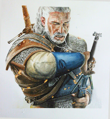 Cuadro en acuarela del personaje Geralt, del videojuegoThe Witcher III