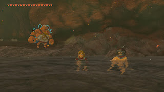 Link and some guy in a hot spring, the guy wearing only the Flamebreaker Helmet and Link the Flamebreaker Armor