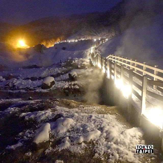 【登別地獄谷】山谷中火山口噴氣和湧泉　晚上點燈變鬼火之路