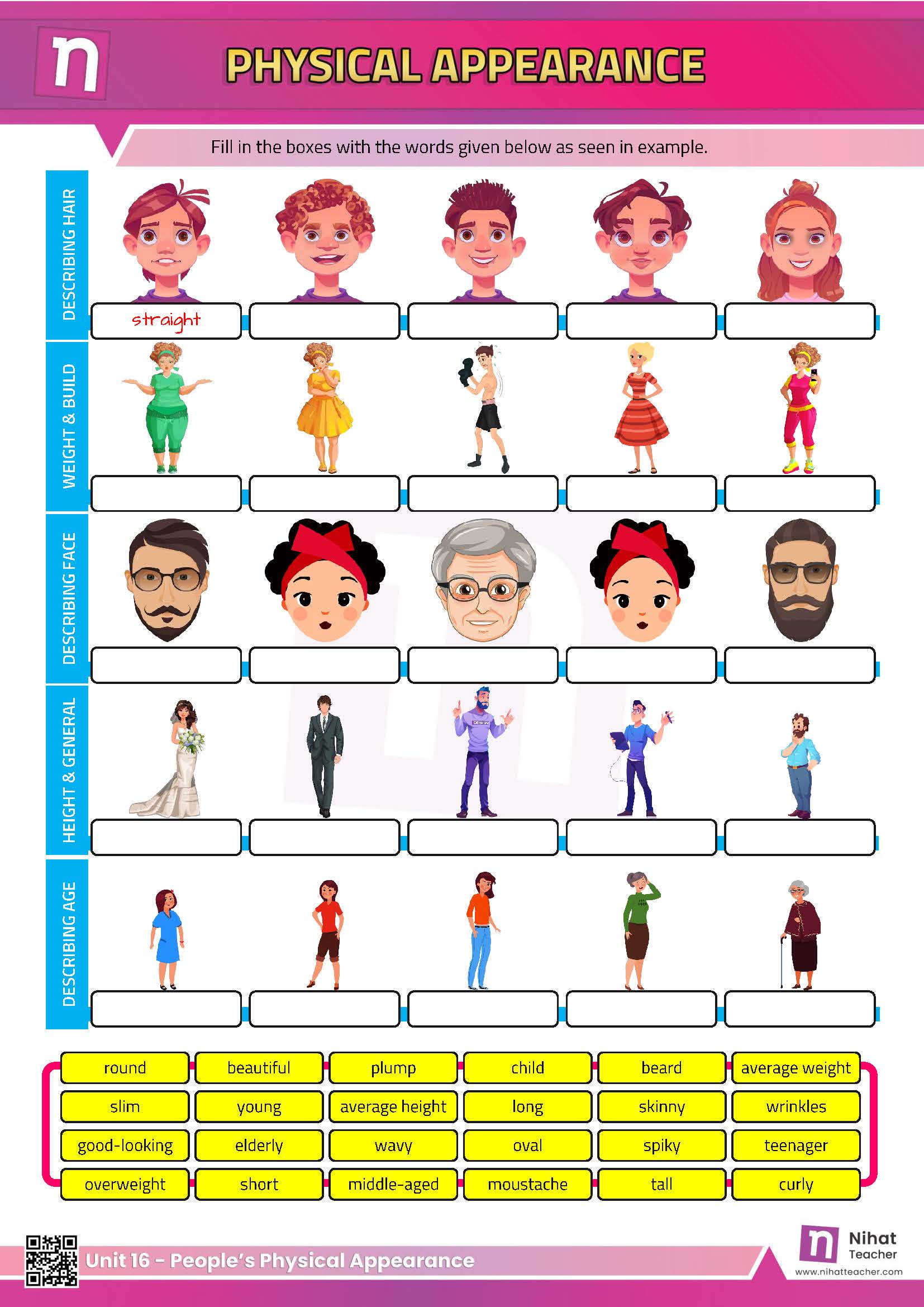 Describing people's physical appearance in English.  Practise English Vocabulary.    A PDF worksheet about describing people's physical appearance in English.  #download#Click here to download a printable PDF worksheet about describing people's physical appearance in English.  Search this site to find more worksheets about describing people's physical appearance in English.