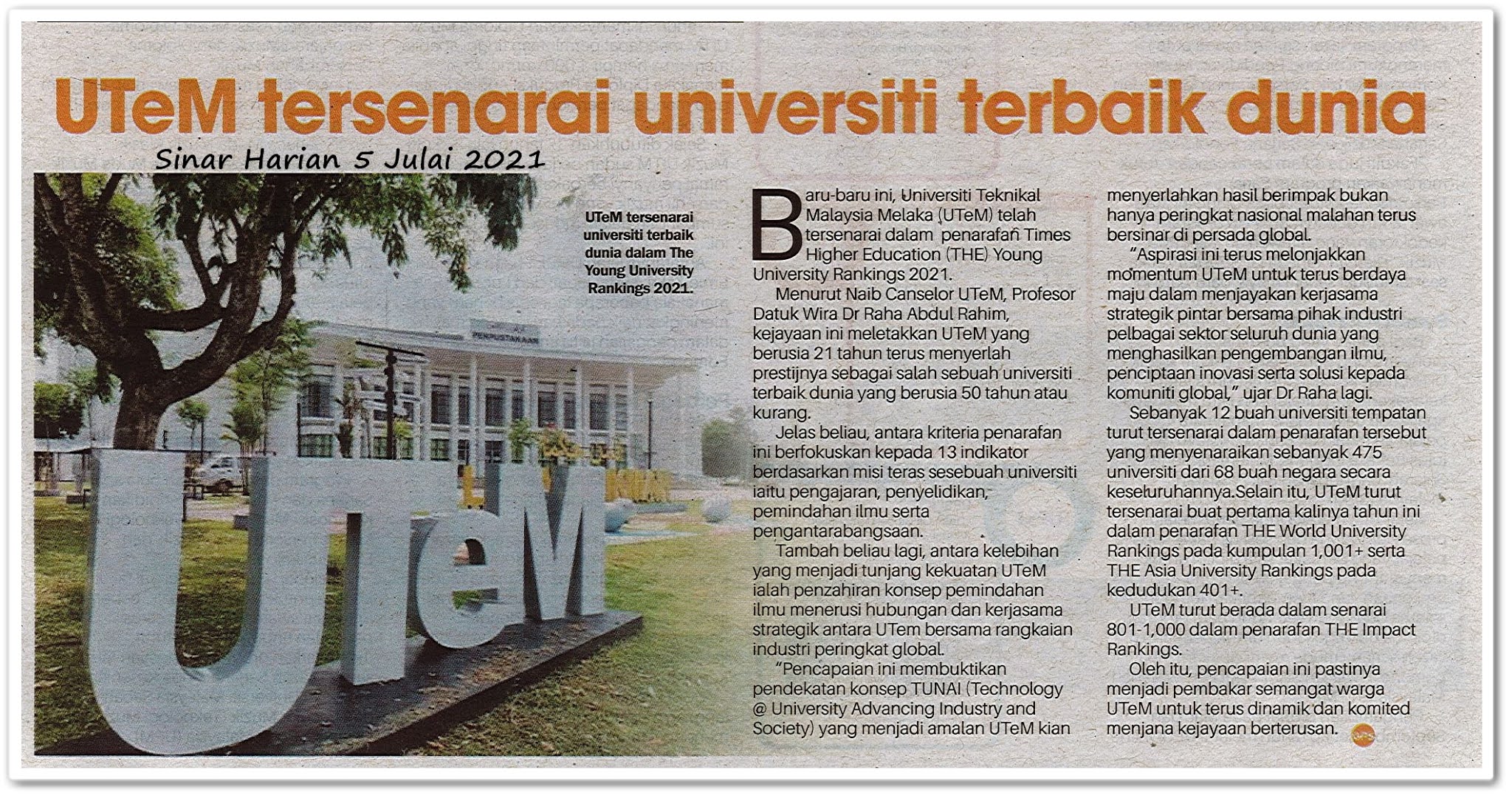 UTeM tersenarai universiti terbaik dunia - Keratan akhbar Sinar Harian 5 Julai 2021