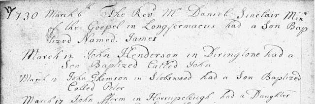 James Sinclair Baptism from  copy of the old parish register of births for Longformacus