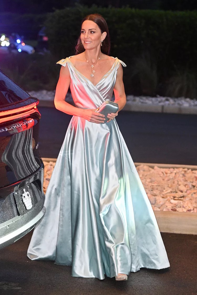 Kate wore this  Phillipa Lepley The Vienna Crossover Gown in March 2022 at the evening reception in the Bahamas.