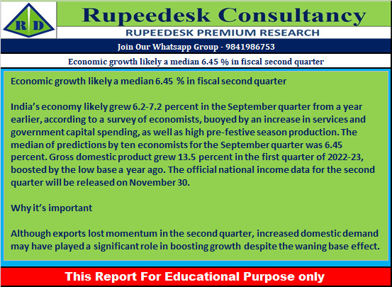 Economic growth likely a median 6.45 % in fiscal second quarter - Rupeedesk Reports - 23.11.2022