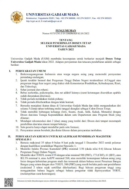 Pendaftaran Seleksi Dosen Tetap Universitas Gadjah Mada  Pendaftaran Seleksi Penerimaan Dosen Tetap Universitas Gadjah Mada (UGM) Tahun 2022