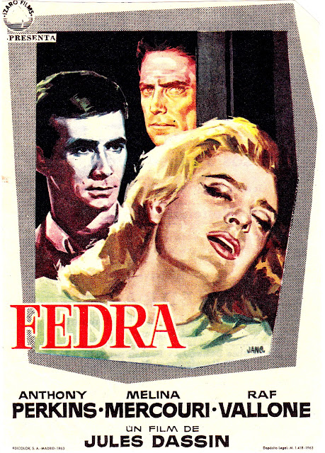 FEDRA. Programa de mano: 9,5 x 13,5 cms. España. Arte: Francisco Fernández-Zarza "Jano". Imprenta: Edicolor S.A., Madrid. De mi colección de programas de mano. FEDRA. Phaedra. 1962. Francia, Grecia, Estados Unidos. Dirección: Jules Dassin. Reparto: Melina Mercouri, Anthony Perkins, Raf Vallone, Elizabeth Ercy, Tzavalas Karousos, Zorz Sarri, Andreas Filippides.