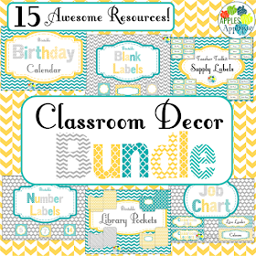 Classroom decor in a classy yellow, teal, and gray theme | Apples to Applique