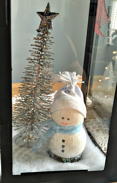 diy snowman and dollar store silver tree vignette in lantern