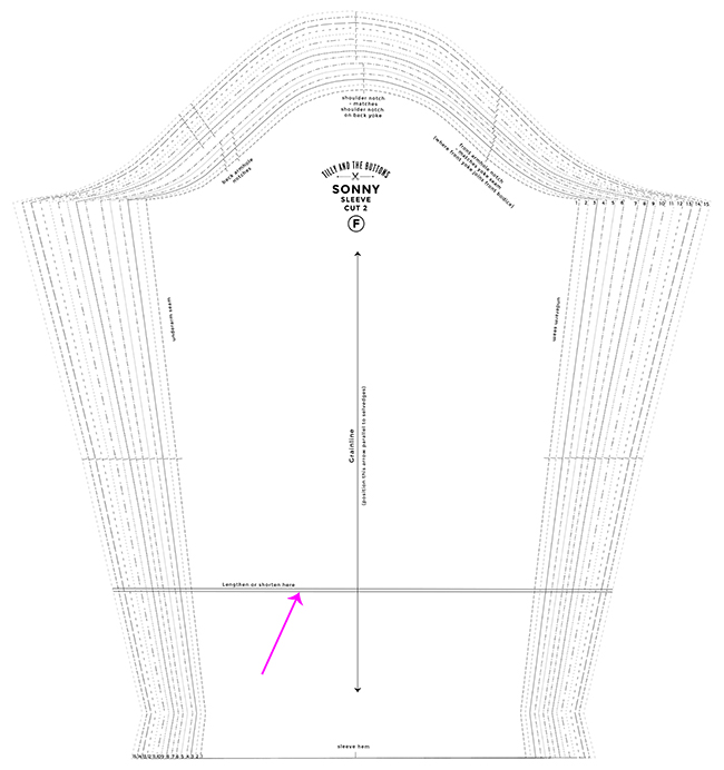 Diagrams showing how to lengthen or shorten the Sonny Jacket sleeve pattern pieces by Tilly and the Buttons