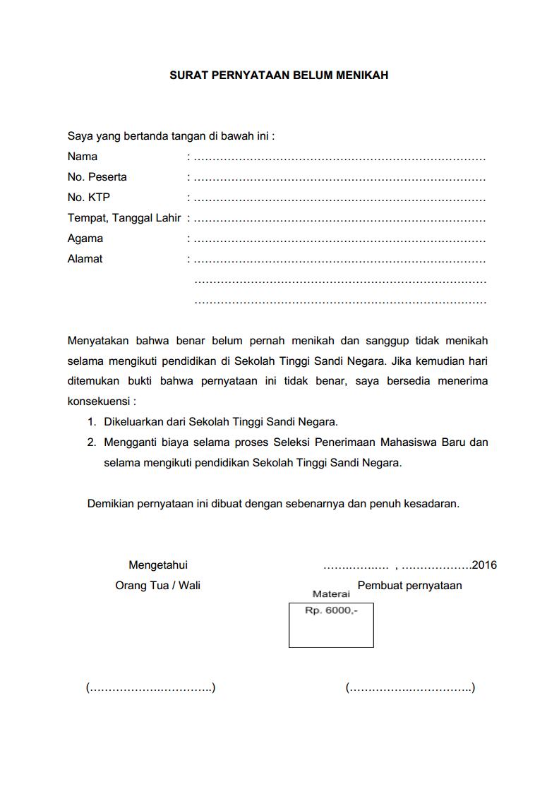 Surat Lamaran dan Surat Pernyataan Belum Menikah STSN Tahun 2016