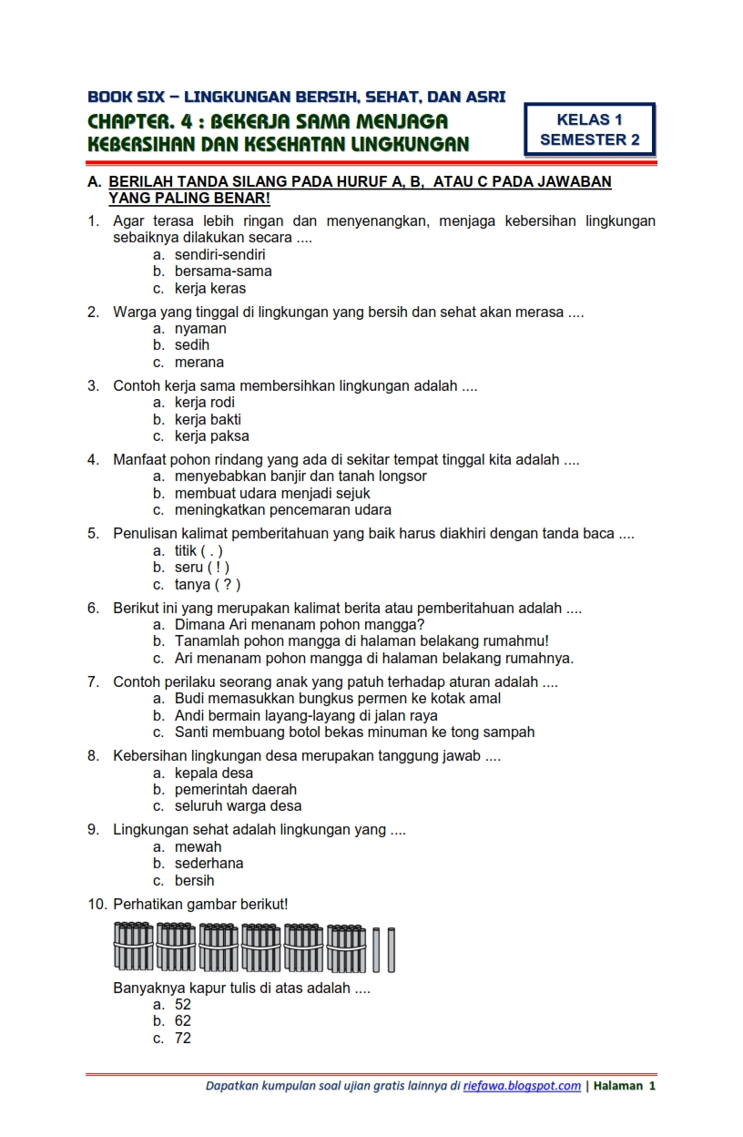 Download Soal Tematik Kelas 1 Semester 2 Tema 6 Subtema 4