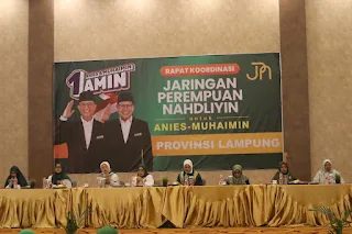 Jaringan Perempuan Nahdliyin (JPN) Provinsi Lampung mendeklarasikan dukungan pada pasangan nomor urut 1 di Pilpres 2024, Anies Baswedan-Muhaimin Iskandar (AMIN).