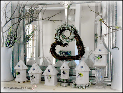  Dollar Store bird house spring mantel decor