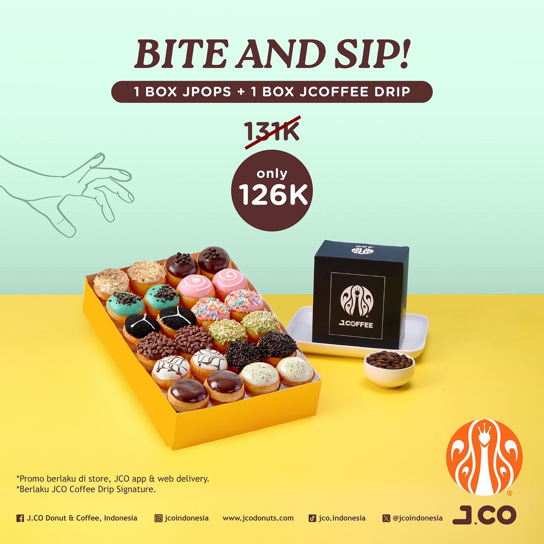 Promo JCO Bite and Sip! Harga Spesial 1 Box Jpops + 1 Box Jcoffee Drip hanya Rp. 126K