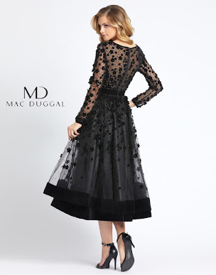 MAC DUGGAL EVENING - 67007D EMBELLISHED SHEER LONG SLEEVE A-LINE DRESS