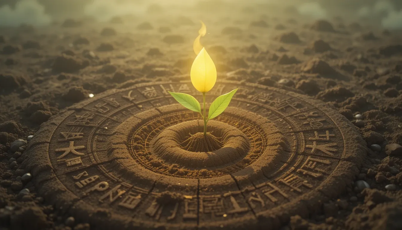A stylized illustration of a single glowing seed being planted in fertile ground with ancient symbols, sprouting a tiny leaf, symbolizing new growth from ancient wisdom.