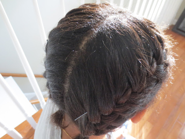 Two french or dutch braids on short hair with bobby pins