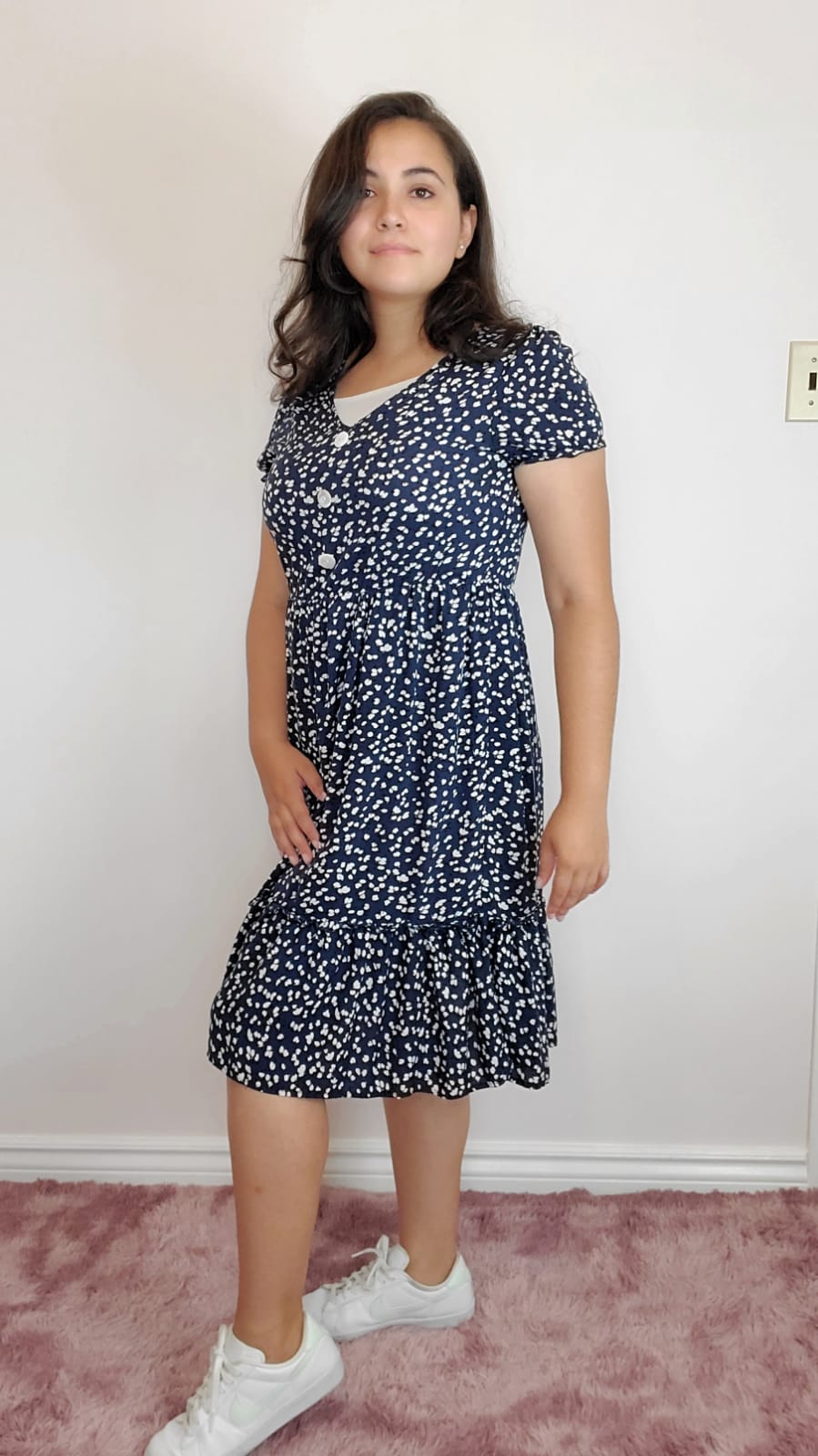 Shein Button Through Ditsy Floral Dress - Midi Modest Blue Floral Dress - Modest OOTD - Modest Outfit Ideas - Midi Floral Summer Dress with White Nike Sneakers - Christian and Catholic Modesty