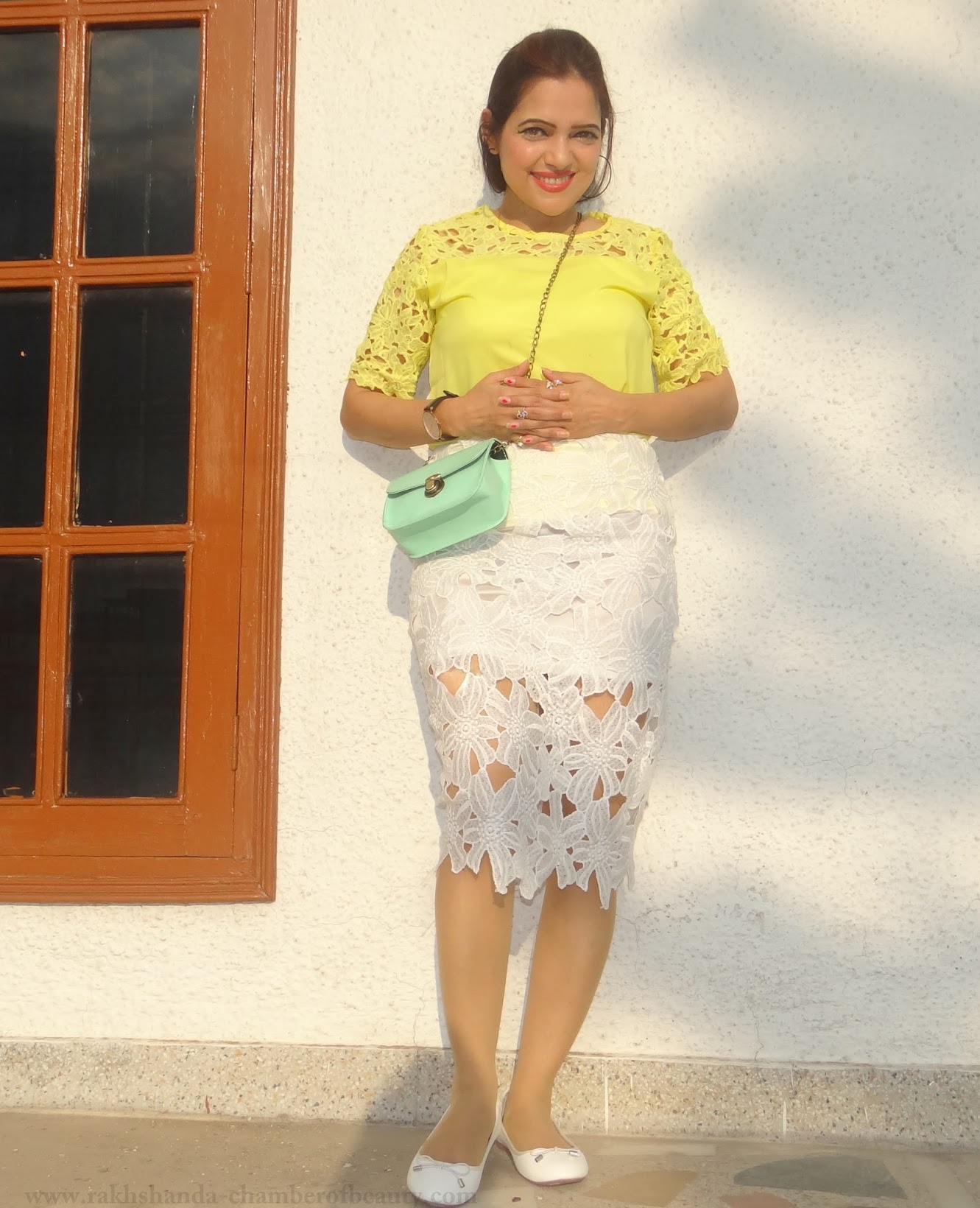 Lace on Lace-OOTD | How to style a lace top, Lace top from cndirect.com, summer fashion trends 2015, yellow lace top, Indian fashion blogger, Chamber of Beauty