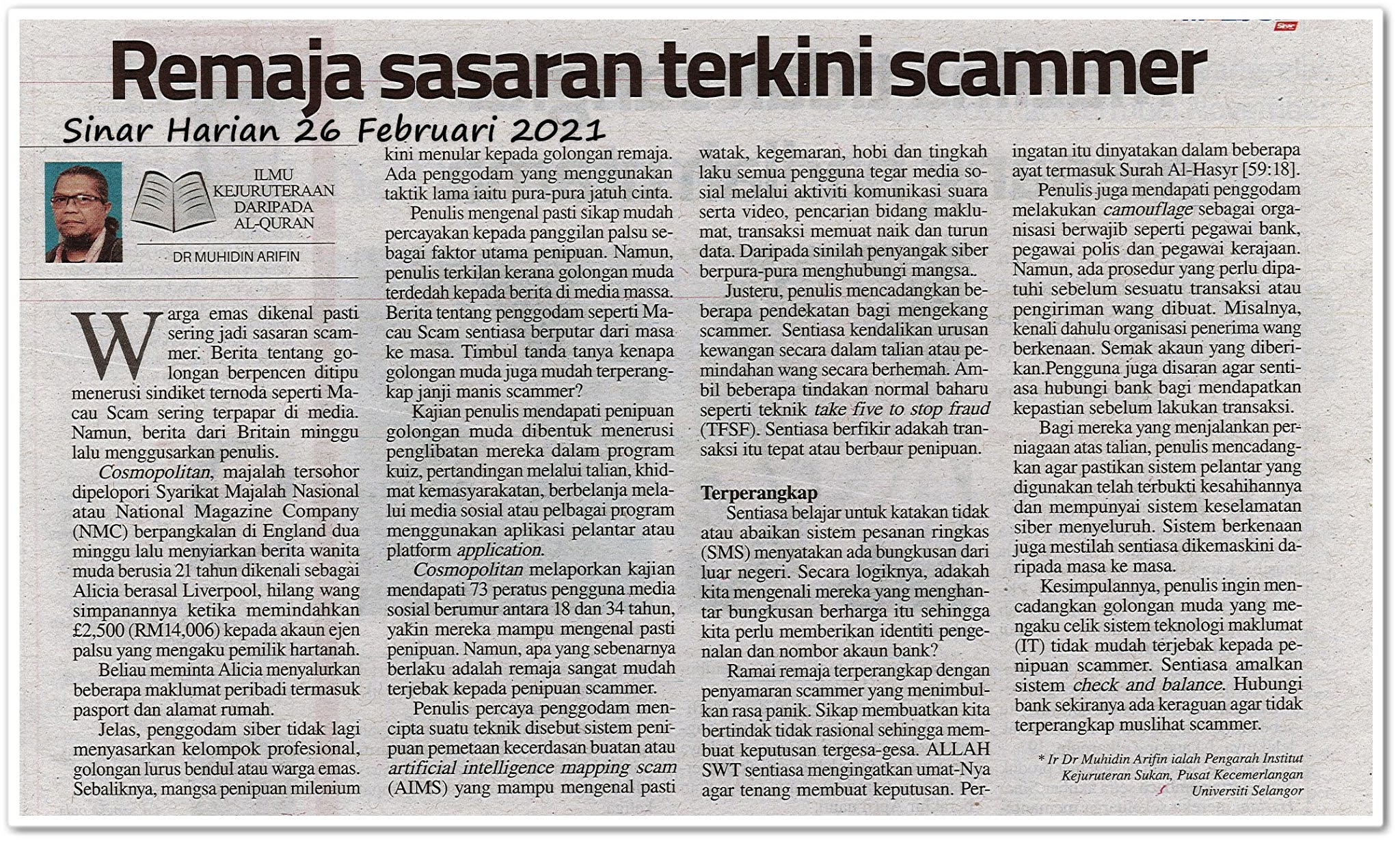 Remaja sasaran terkini scammer - Keratan akhbar Sinar Harian 26 Februari 2021