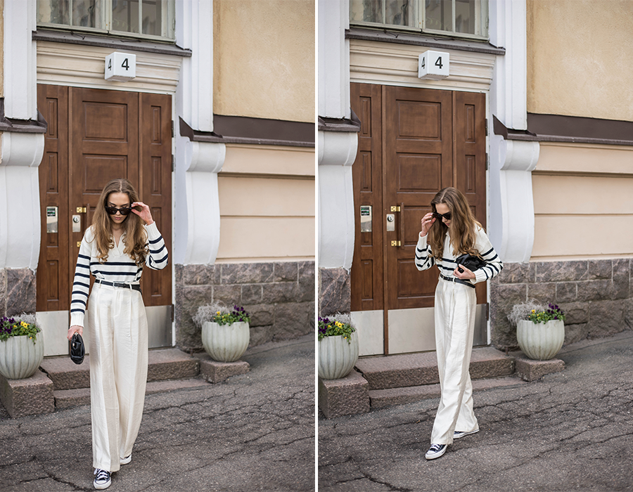 Silkkihousut ja raitaneule, kevät-/kesämuoti // Silk trousers and striped knit, spring and summer fashion