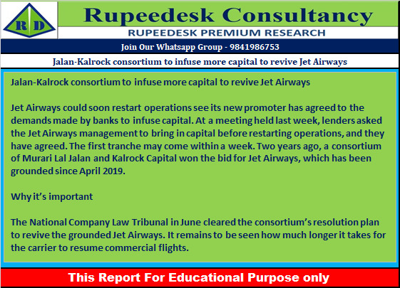 Jalan-Kalrock consortium to infuse more capital to revive Jet Airways - Rupeedesk Reports - 06.10.2022