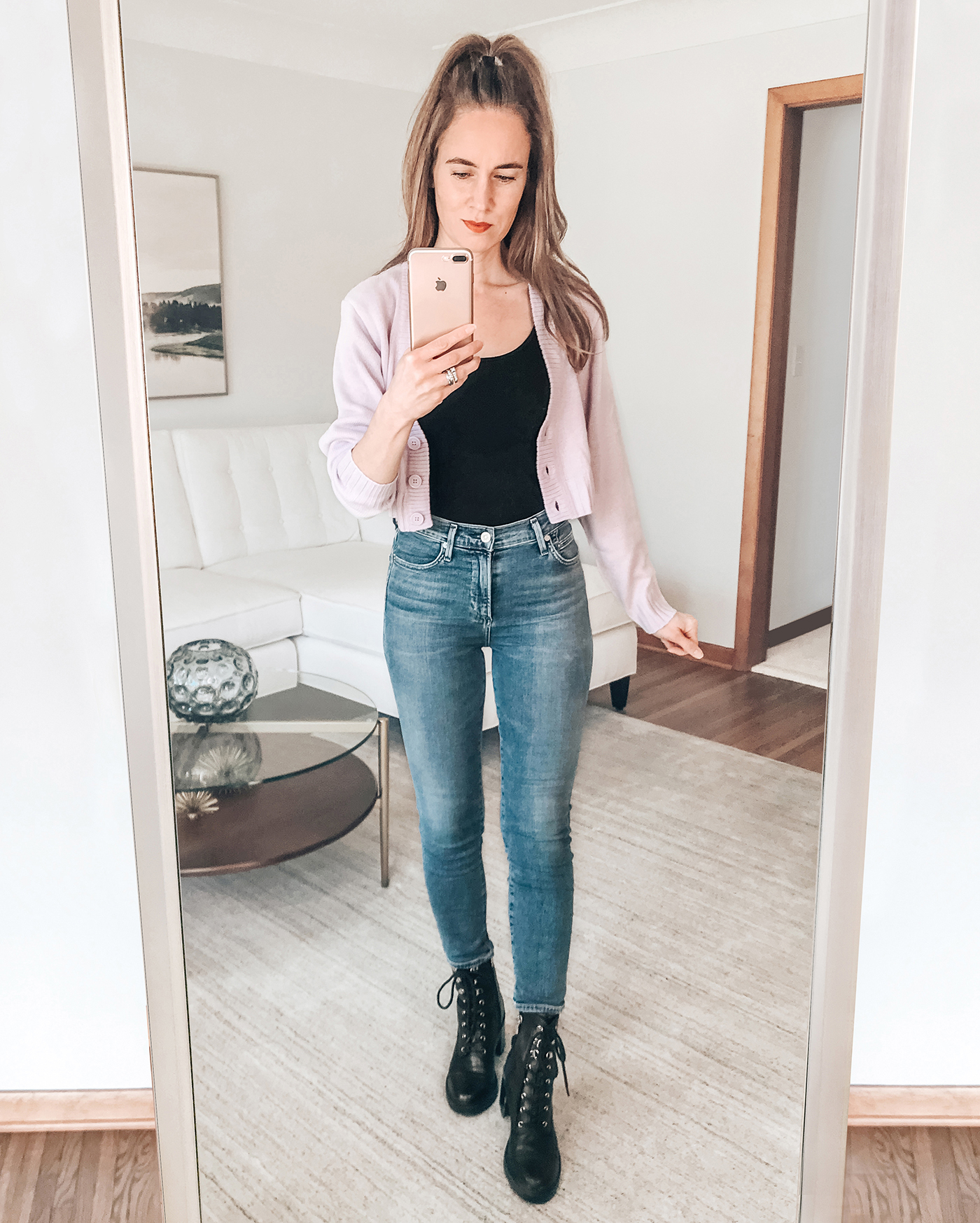 purple crop cardigan, black tank, spring outfit, combat boots, spring trends 2021