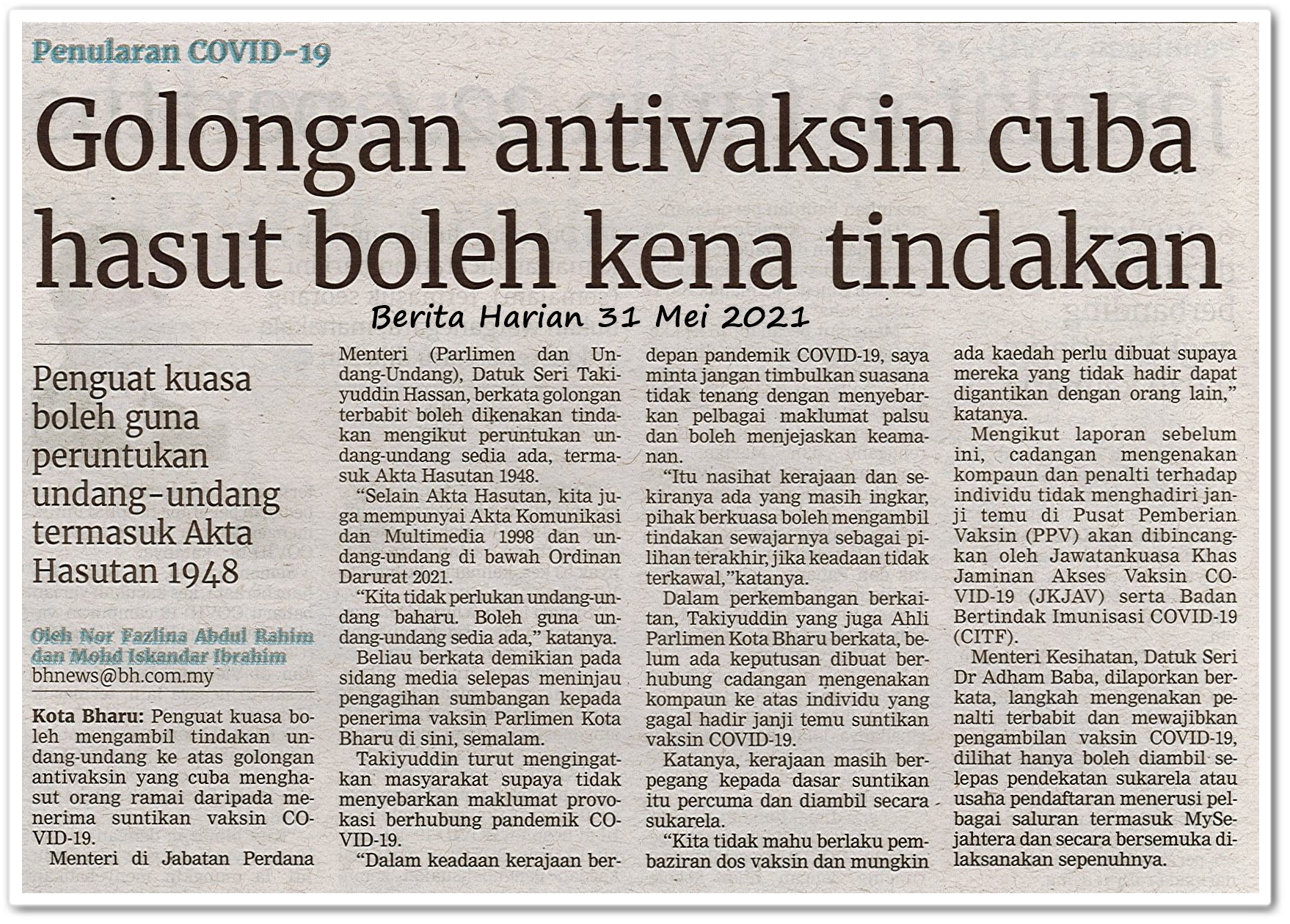 Golongan antivaksin cuba hasut boleh kena tindakan - Keratan akhbar Berita Harian 31 Mei 2021