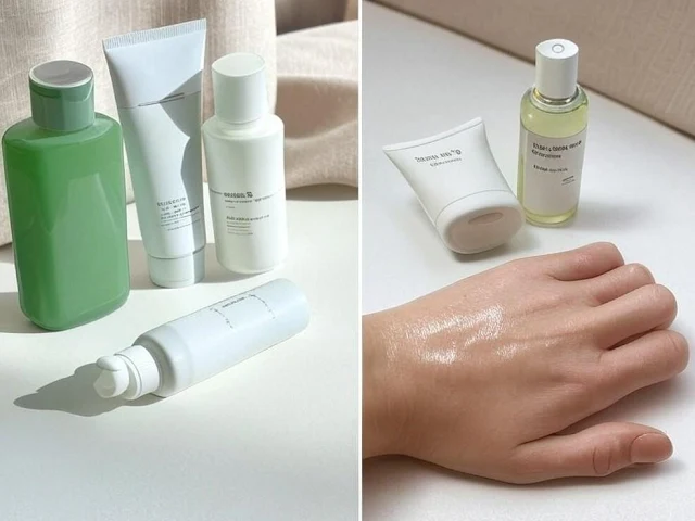 Flat lay of skincare products for oily skin: cleanser, moisturizer, and sunscreen