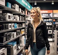Young blonde woman walking through a tech store
