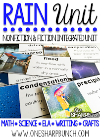 Learn all about rain this spring with over 35 math, science, ELA, writing and art activities in this 165 page PAIRED NONFICTION & FICTION INTEGRATED RAIN UNIT!  These rain activities are sure to keep your kiddos engaged as you learn about rain and the water cycle! Craftivities, vocabulary cards, student dictionaries, math and literacy centers, read aloud activities, emergent readers, and MORE!
