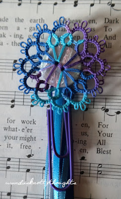 Many-tailed tatted Paperclip bookmark on a pretty button on wandas knotty thoughts