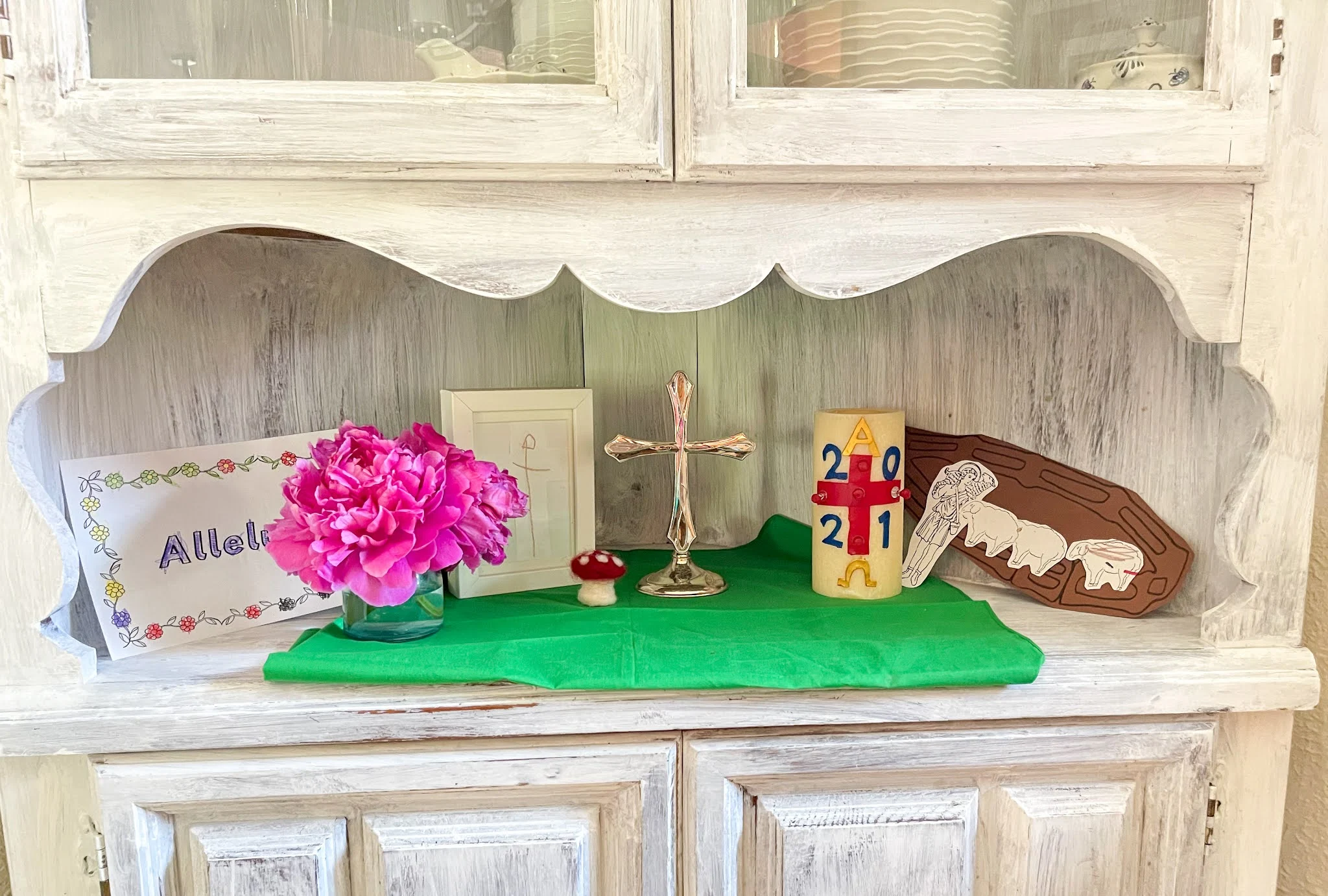 Here's a look at our Catechesis of the Good Shepherd and Montessori inspired children's prayer area in our Montessori home.