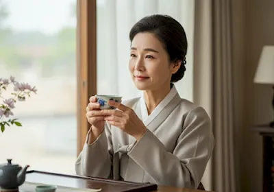 단정하고 우아한 차림으로 차를 마시며 내면의 여유와 품격을 보여주는 중년 한국인 여성의 모습.