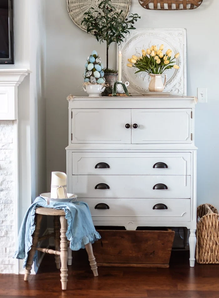 white cottage dresser, Easter egg tree, tulips