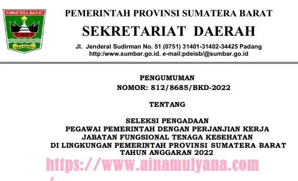 Rincian Penetapan Kebutuhan atau Formasi ASN PPPK Provinsi Sumatera Barat Tahun 2022