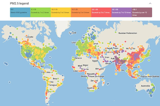 world map showing annual PM2.5 levels in 7,812 global cities