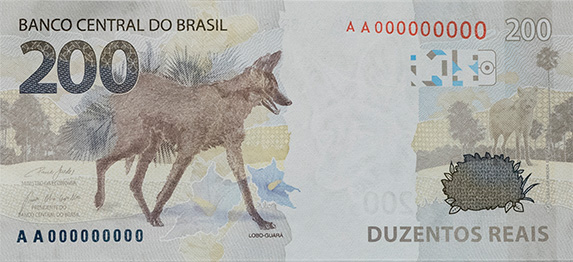 A foto mostra o verso da nota de 200 Reais figura principal é o lobo guará. (fonte: Banco Central do Brasil).