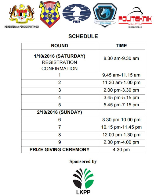 Jadual Pertandingan Rompin International Chess Open - PMSICO 2016 (FIDE RAPID RATED)