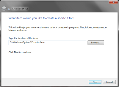 Add Shortcut Control Panel Windows 7
