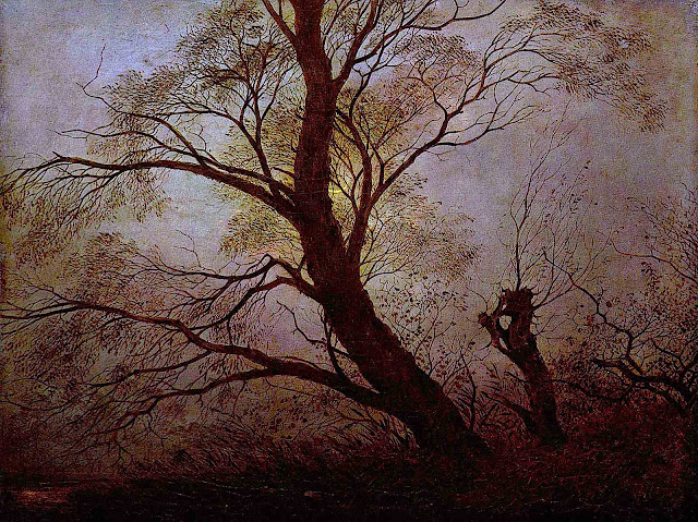 a Caspar David Friedrich painting of trees with a moon