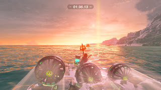 driving a self-made boat with three fans towards a beam of light and with the sunset in the background