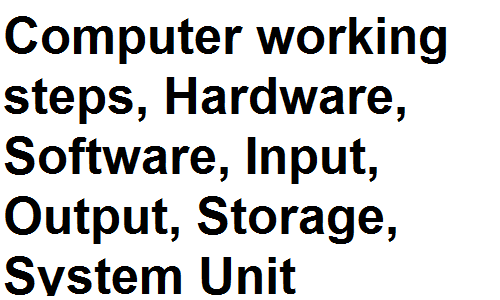 Computer working steps, Hardware, Software, Input, Output, Storage, System Unit