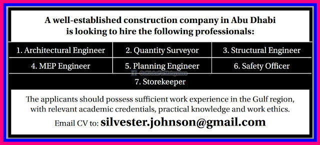 Vacancies For a Well Established Construction Company In Abudhabi