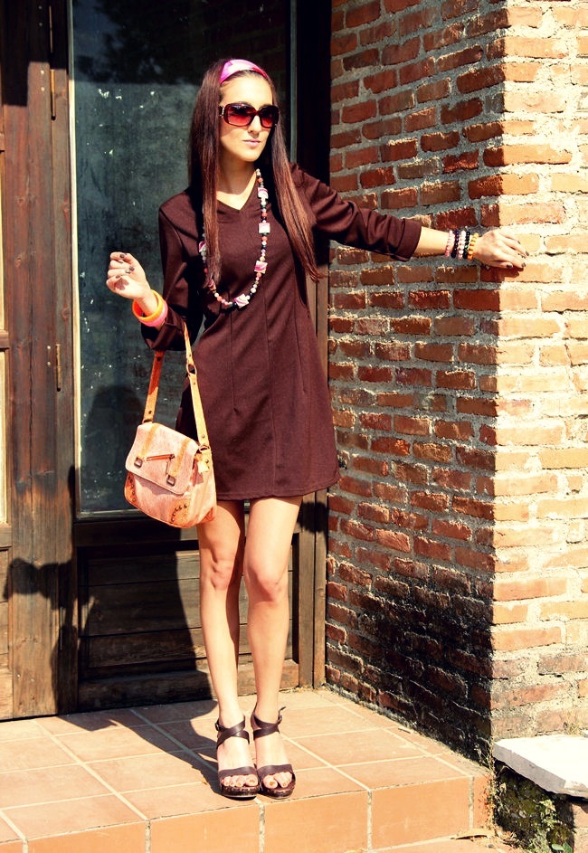 Sasch chocolate brown dress Zara brown wood wedges colorful accessories