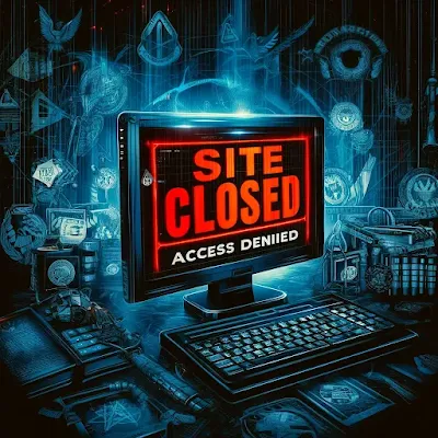 Illustration showing a cyber operation shutting down illegal IPTV websites with warning messages like 'Site Closed' and