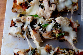 Skip messing with raw dough and use ciabatta bread for this grilled pizza. Topped with grilled chicken, eggplant, peppers and zucchini, this flavorful pizza comes together quickly and keeps your kitchen cool.
