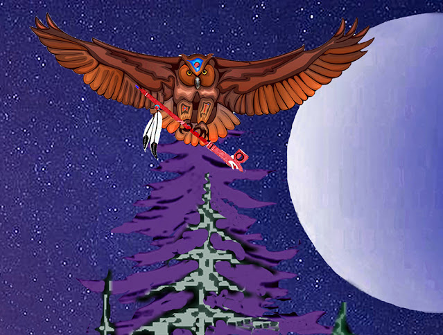 Mishi-gookooko'ooh Omiigiwewin ("Gift of the Great Horned Owl") detail of panting